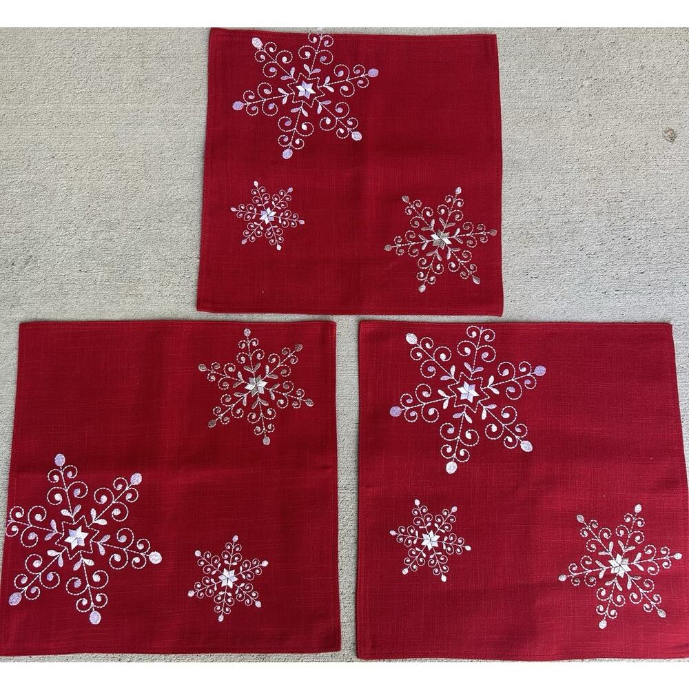 Set of 3 Red Square Embroidered Snowflake Placemats, Christmas Holiday Decor